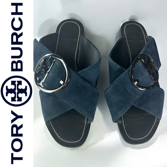 Tory Burch Grant Suede Sandal Open Toe Criss Cross Slides Midnight Blue 7.5 M - Picture 16 of 16